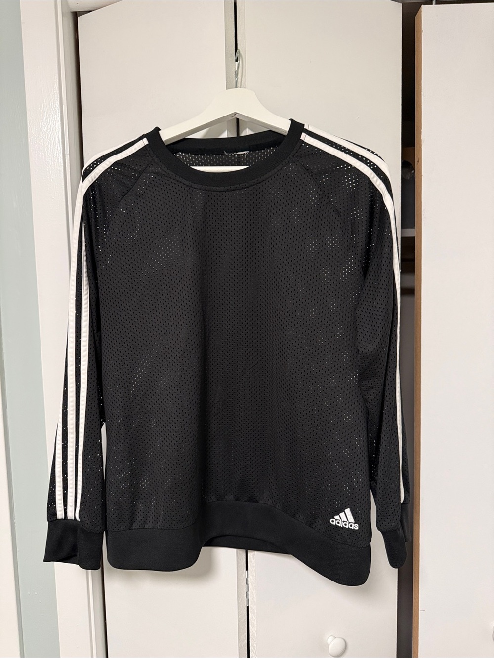 adidas Black Crewneck Mesh Sweatshirt with White Stripes